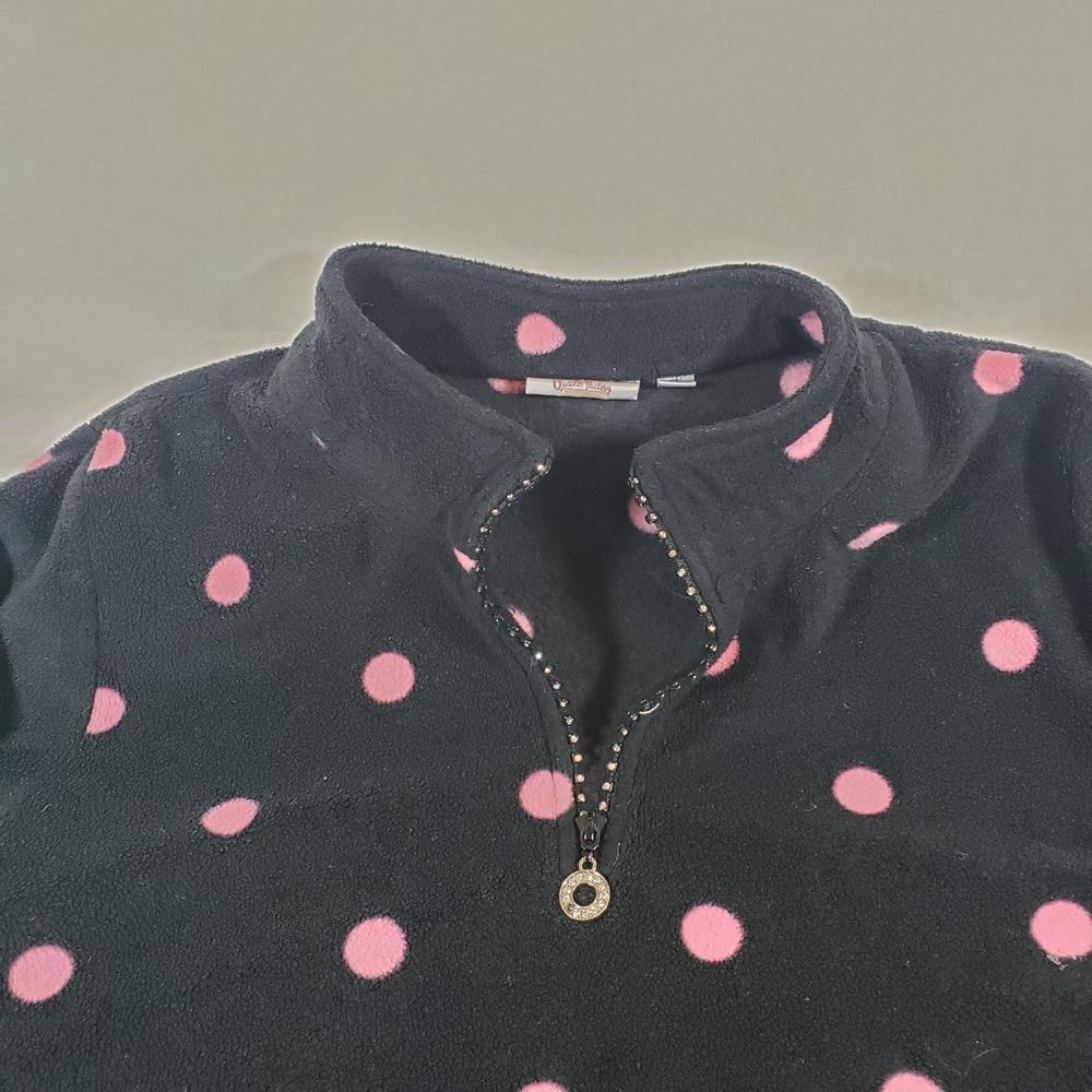 Quaker Factory Black Pink Polka Dot Fleece 1/4 Zip Pullover Sweatshirt XL Rhines - Picture 3 of 8